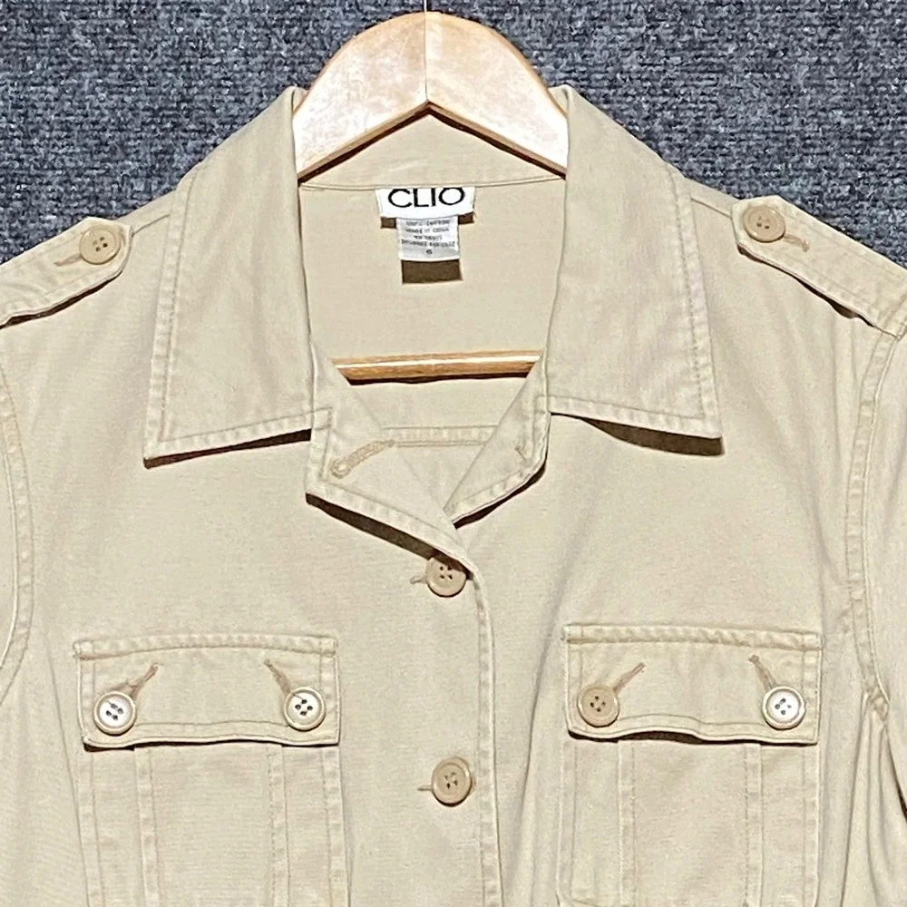 Clio Womens Khaki Cotton Utility Safari Jacket Tan Button‎ Front Peplum Size 6